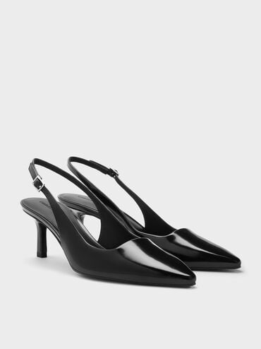 Pointed-Toe Kitten-Heel Slingback Pumps, Black Box, hi-res