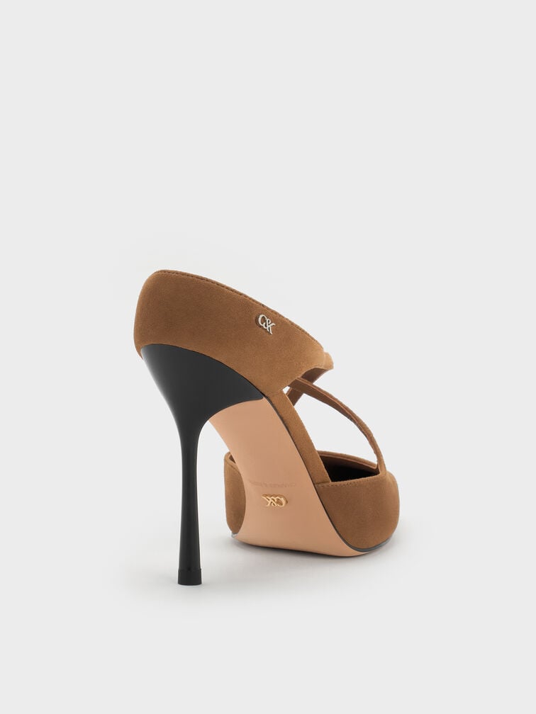 Kyra Suede Crossover-Strap Stiletto-Heel Mules, Brown, hi-res