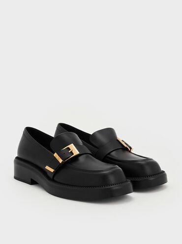 Leather Buckled-Strap Loafers, Black, hi-res