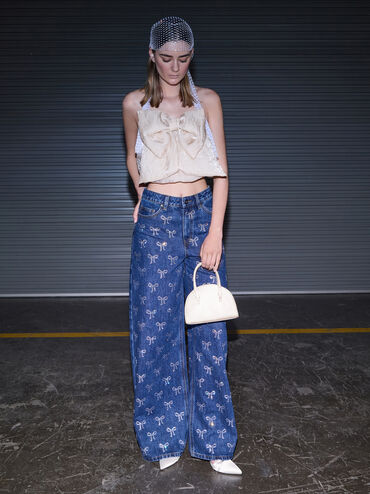 Leather Half-Moon Bowling Bag, White, hi-res