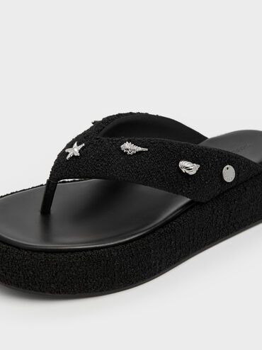 Tweed Beach Flatform Thong Sandals, Black Textured, hi-res