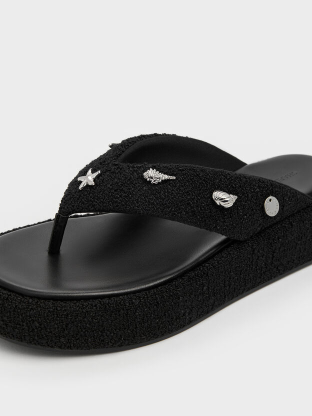 Tweed Beach Flatform Thong Sandals, Black Textured, hi-res