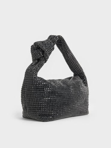 Crystal-Embellished Knotted-Strap Shoulder Bag, Noir, hi-res