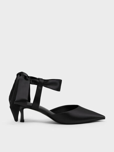 Satin Tie-Around Pointed Kitten Heels, Black Textured, hi-res