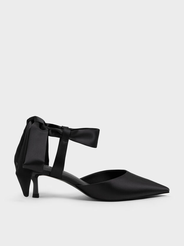 Satin Tie-Around Pointed Kitten Heels, Black Textured, hi-res