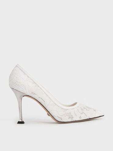 Lace & Mesh Pumps, White, hi-res