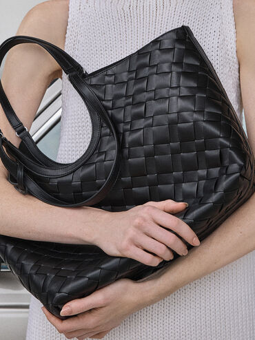 Ivette Woven Tote Bag, Noir, hi-res