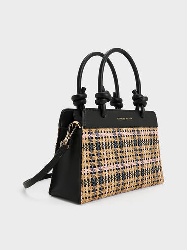 Sabine Tartan Knotted-Handle Tote Bag, Tartan Straw, hi-res