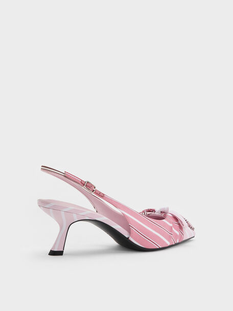 Striped Knot-Bow Pointed Slingback Pumps, Light Pink, hi-res