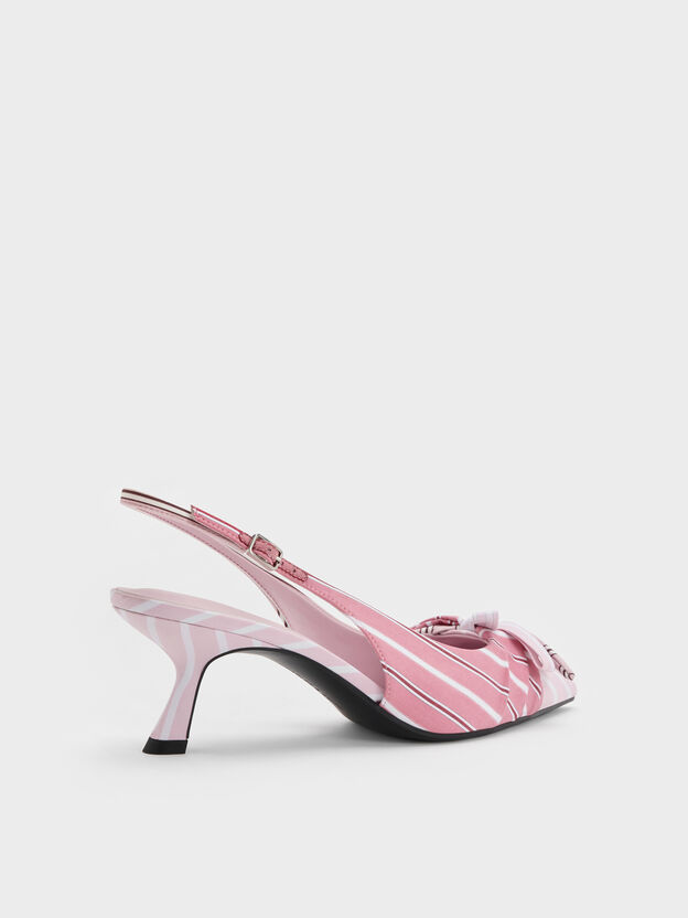 Striped Knot-Bow Pointed Slingback Pumps, Light Pink, hi-res