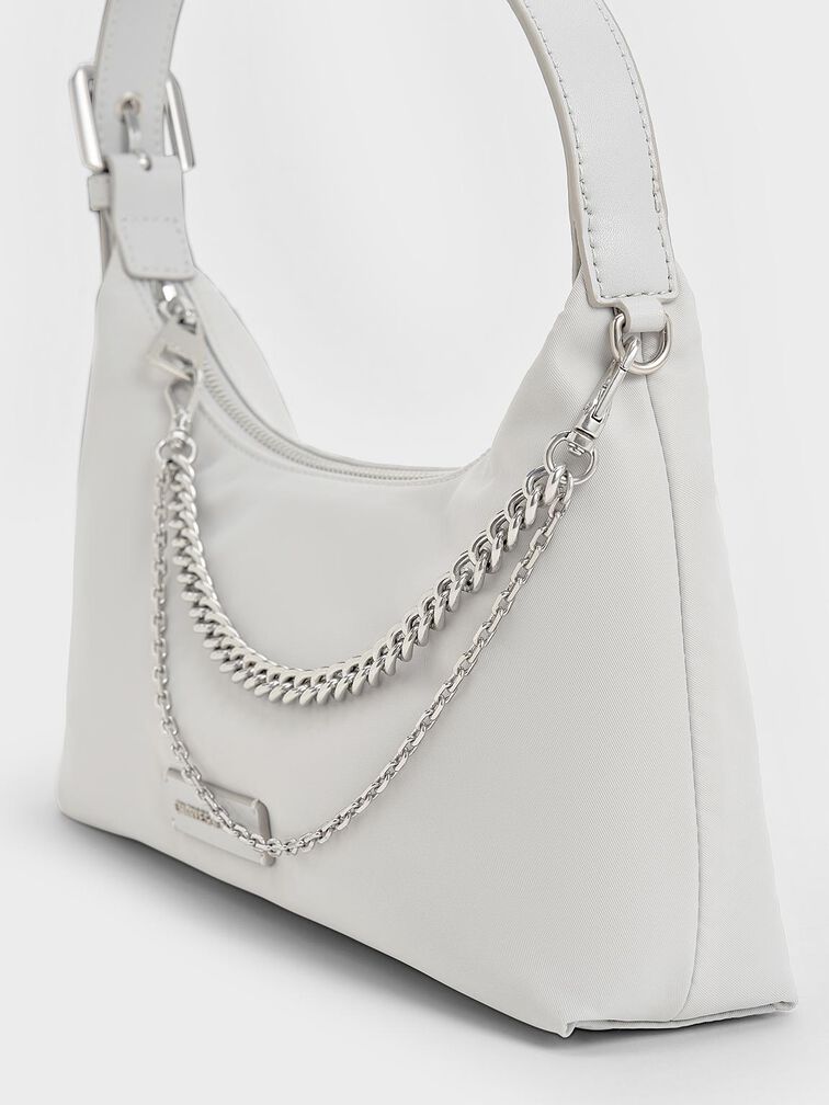 Nylon Chain-Link Trapeze Shoulder Bag, Light Grey, hi-res