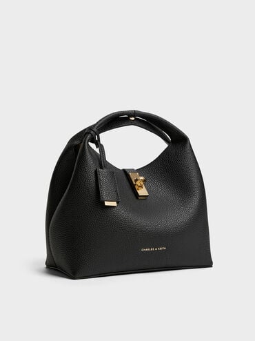 Chance Recycled Leather Turn-Lock Bucket Bag, Black, hi-res