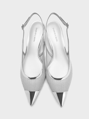 Mesh Metallic Cap-Toe Kitten-Heel Pumps, Silver, hi-res