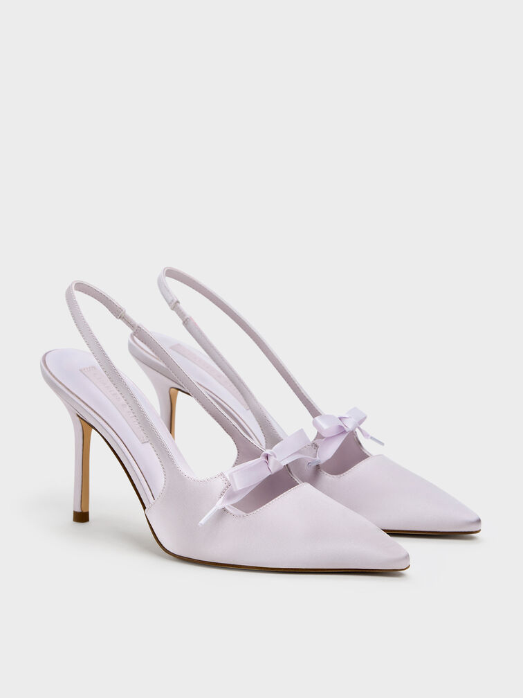Venetia Satin Bow Pointed Slingback Pumps, Lilac, hi-res