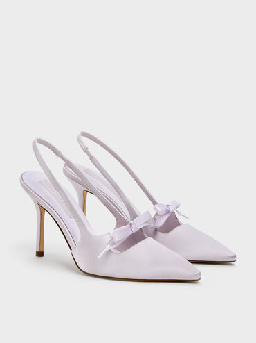 Venetia Satin Bow Pointed Slingback Pumps, Lilac, hi-res