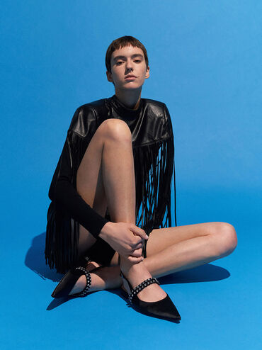 Goldie Recycled Polyester Gem-Encrusted Mary Jane Flats, Black Textured, hi-res