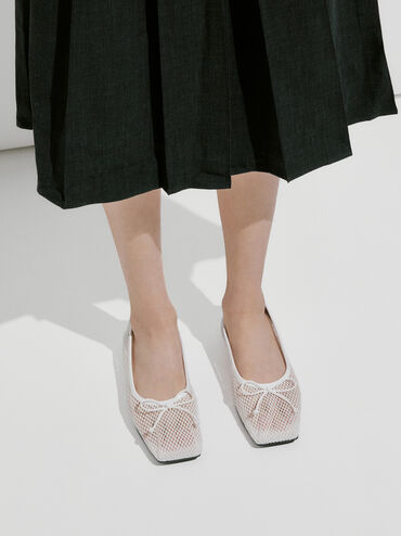 Mesh Square-Toe Bow Ballet Flats, White, hi-res