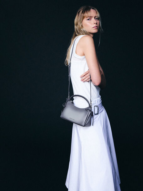 Hazel Burnished Bow Top Handle Bag, Grey, hi-res