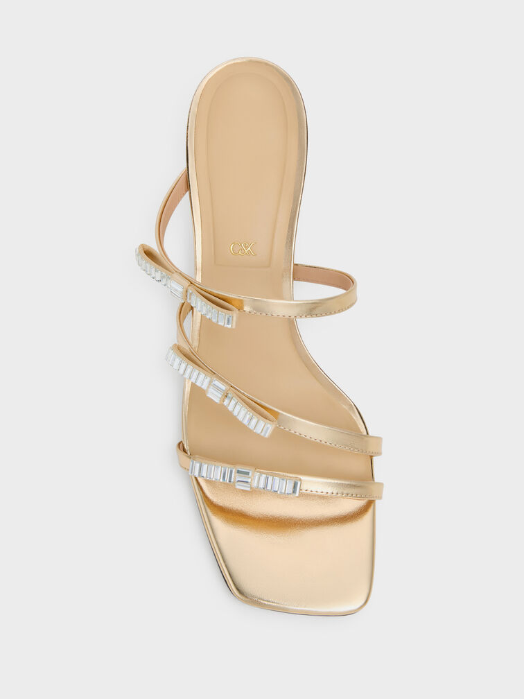 Jessy Leather Gem-Bow Heeled Sandals, Gold, hi-res
