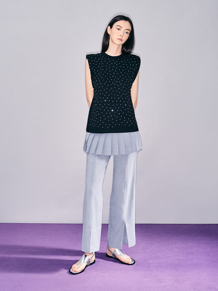 Metallic V-Strap Slingback Thong Sandals, Silver, hi-res