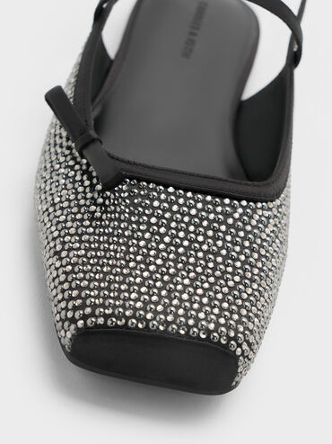 Crystal-Embellished Bow Slingback Mary Jane Flats, Black Textured, hi-res