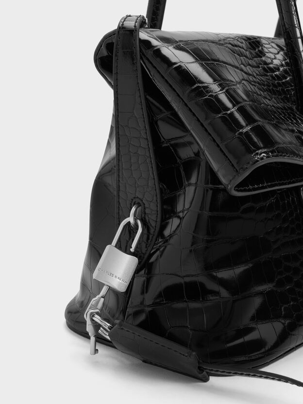 Aveline Croc-Effect Front-Flap Shoulder Bag, Black Croco, hi-res