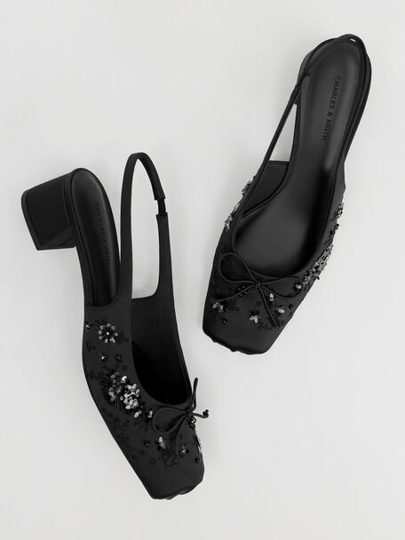 Sadira Satin Embroidered Sequinned Slingback Pumps, Black Textured, hi-res
