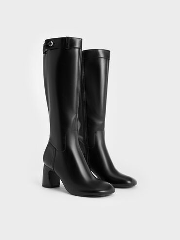Block-Heel Knee-High Biker Boots, Black, hi-res