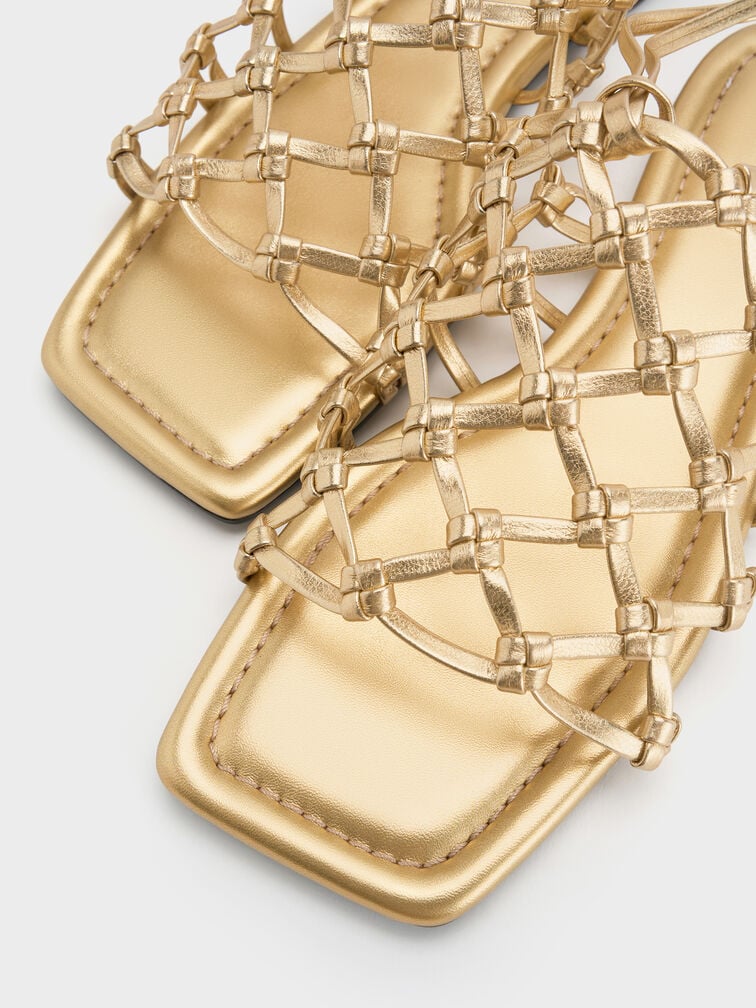 Woven Tie-Around Net Sandals, Gold, hi-res