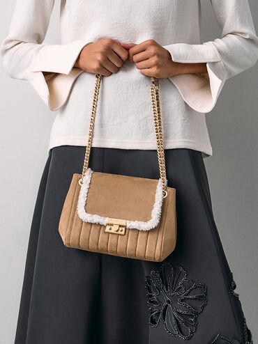 Donna Faux Suede Fur-Trim Shoulder Bag, Tan, hi-res