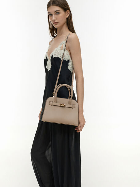Aubrielle Belted Tote Bag, Taupe, hi-res