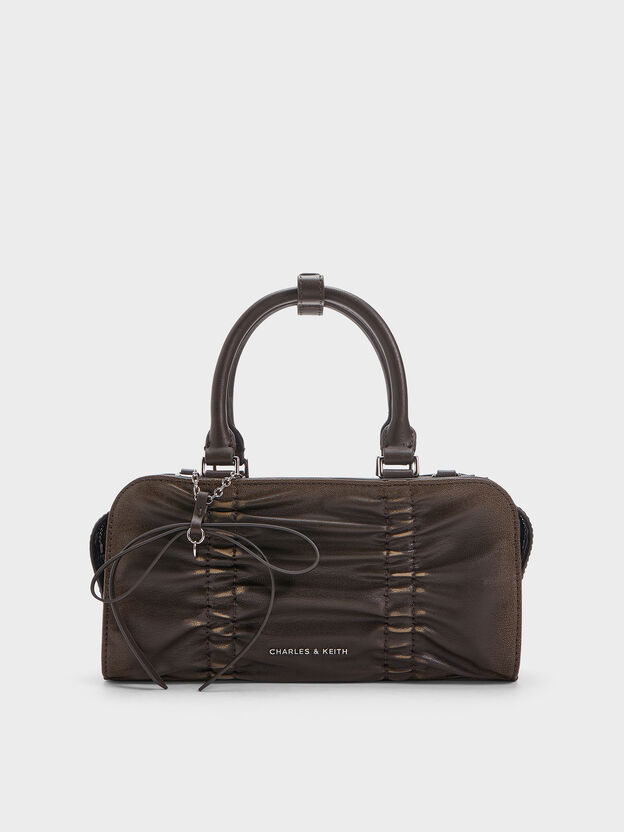 Kadee Ruched Bow-Charm Bowling Bag, Burnished Brown, hi-res