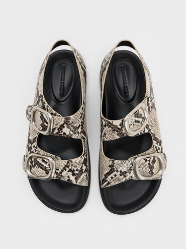 Snake-Print Buckled Double-Strap Slingback Sandals, Animal Print Natural, hi-res