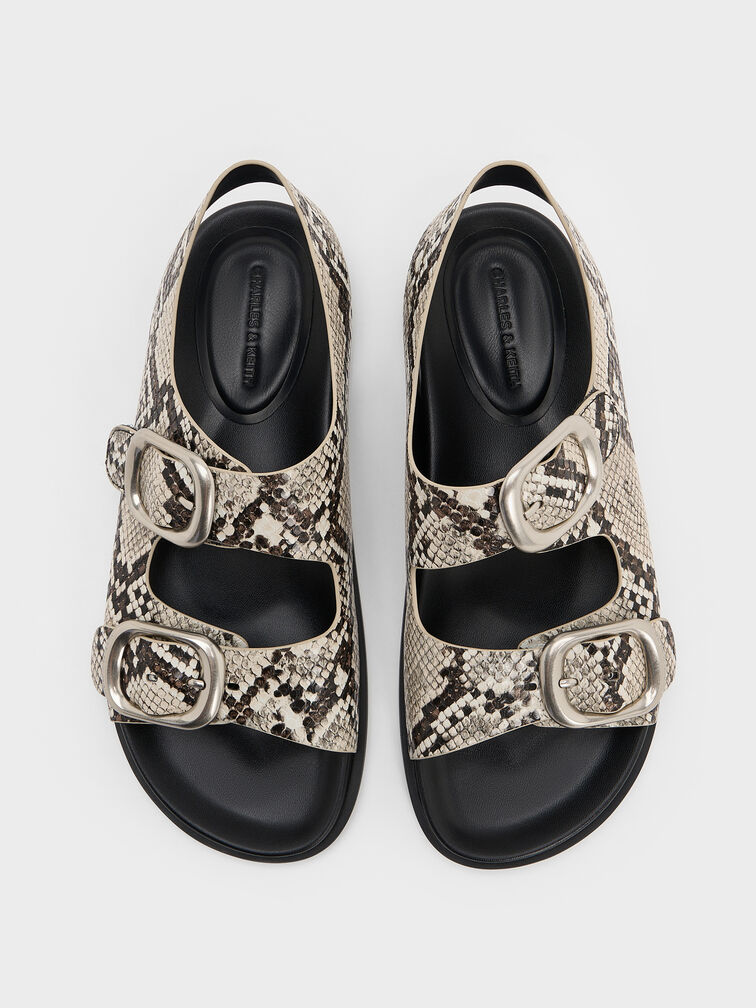 Snake-Print Buckled Double-Strap Slingback Sandals, Animal Print Natural, hi-res