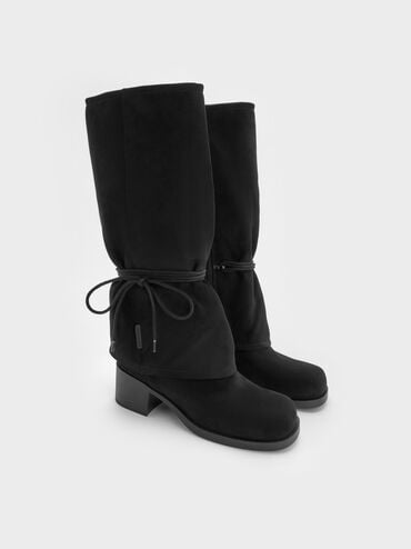 Faux Suede Tie-Around Knee-High Boots, Black Textured, hi-res