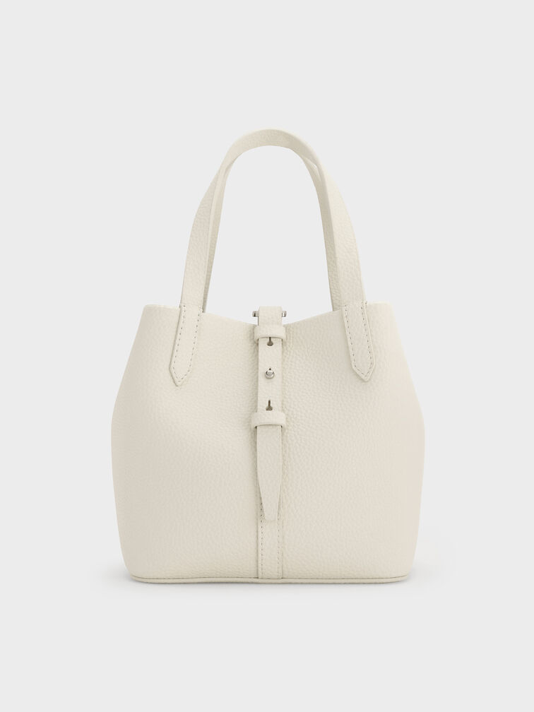 Beryl Recycled Leather Double-Handle Belted Bucket Bag, Cream, hi-res