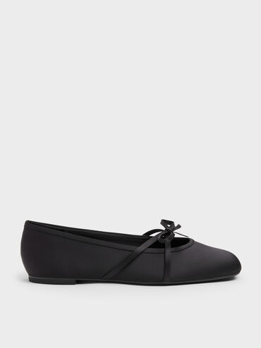 Satin Bow Ballet Flats, Black Textured, hi-res