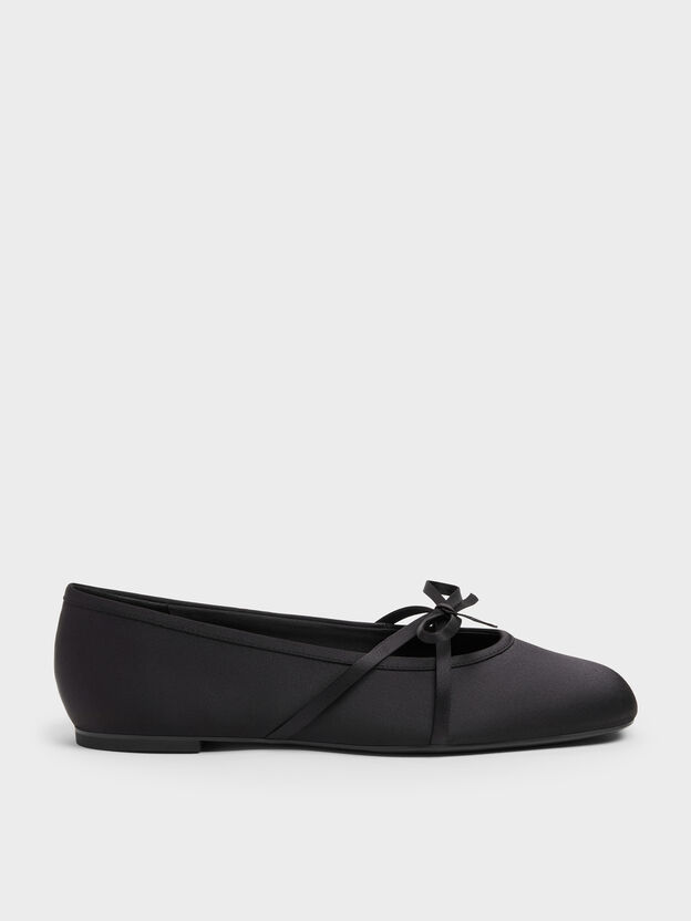 Satin Bow Ballet Flats, Black Textured, hi-res