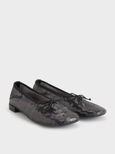 Sequin Mesh & Leather Bow Ballet Flats, Black Textured, hi-res