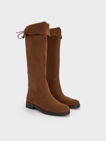 Faux Suede Fold-Over Back-Tie Thigh-High Boots, Brown, hi-res