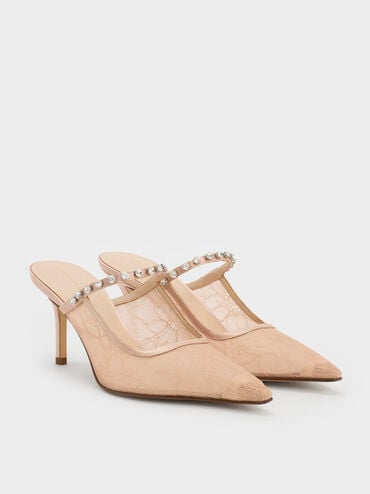 Lace & Satin Crystal Heeled Mules, Nude, hi-res