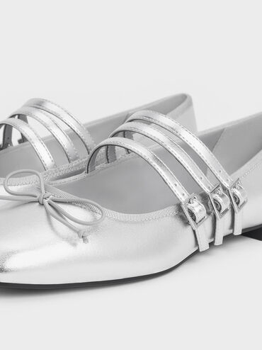 Metallic Triple-Strap Mary Janes, Silver, hi-res
