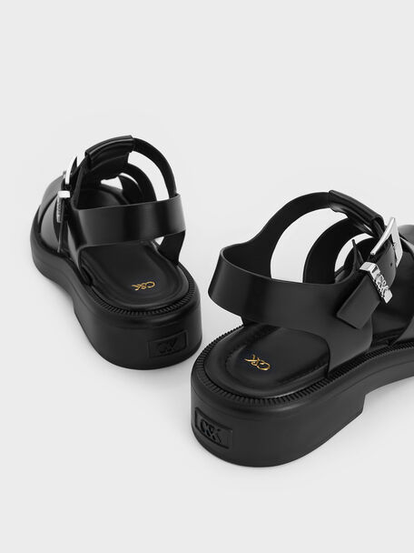 Leather Caged Sandals, Black, hi-res