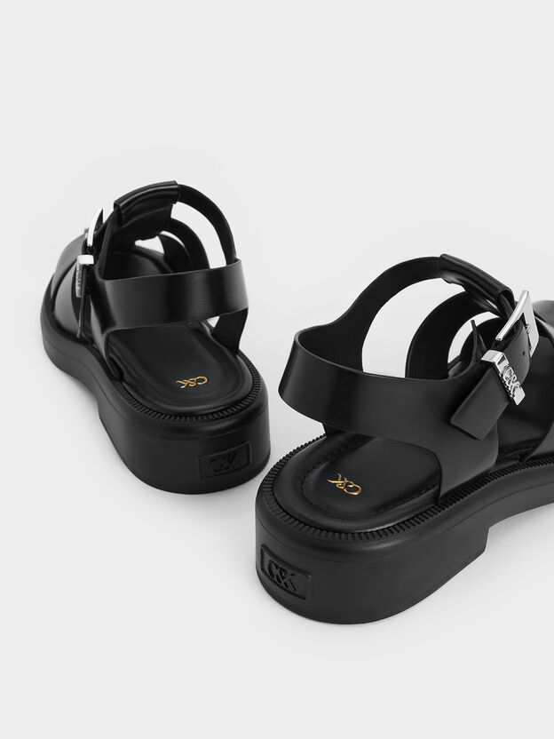 Leather Caged Sandals, Black, hi-res