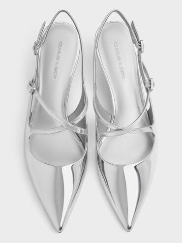 Pauline Metallic Crossover Slingback Kitten Heels, Silver, hi-res