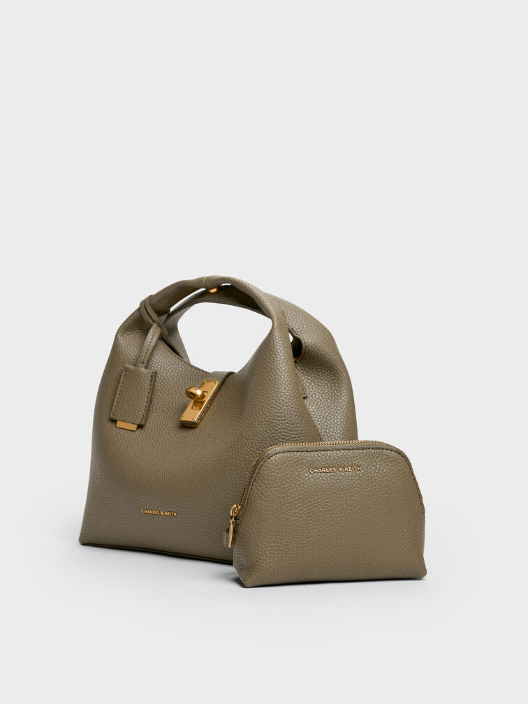 Chance Recycled Leather Turn-Lock Bucket Bag, Deep Olive, hi-res