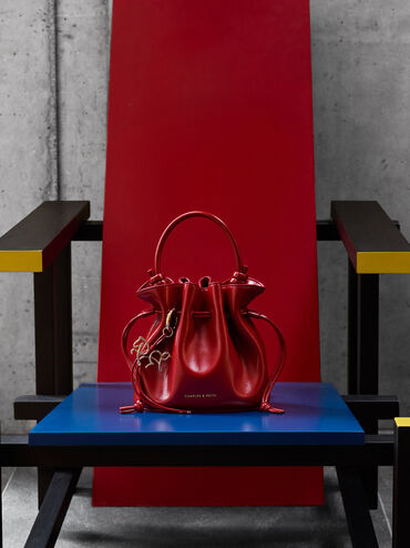 Sammie Horse-Motif Drawstring Bucket Bag, Tomato Red, hi-res