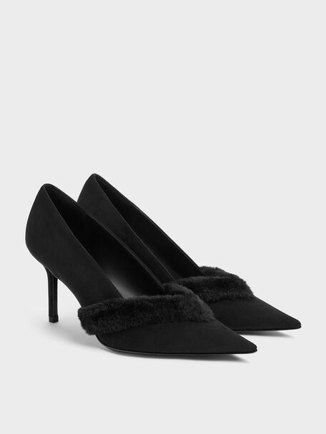 Emila Faux Suede Fur-Trim Pointed Pumps, Black Textured, hi-res