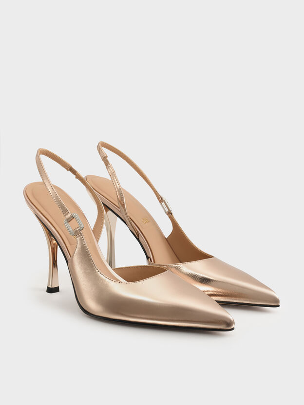 Metallic Leather Crystal-Buckle Slingback Pumps, Bronze, hi-res