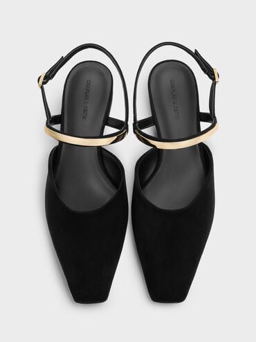 Faux Suede Metallic-Accent Square-Toe Slingback Flats, Black Textured, hi-res